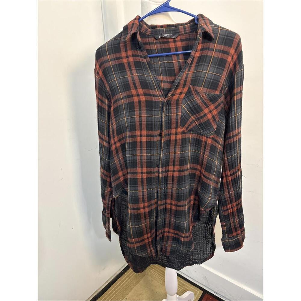 Zara Woman Button Up Tunic XS Plaid Browns Round Hem Grunge Boho Western